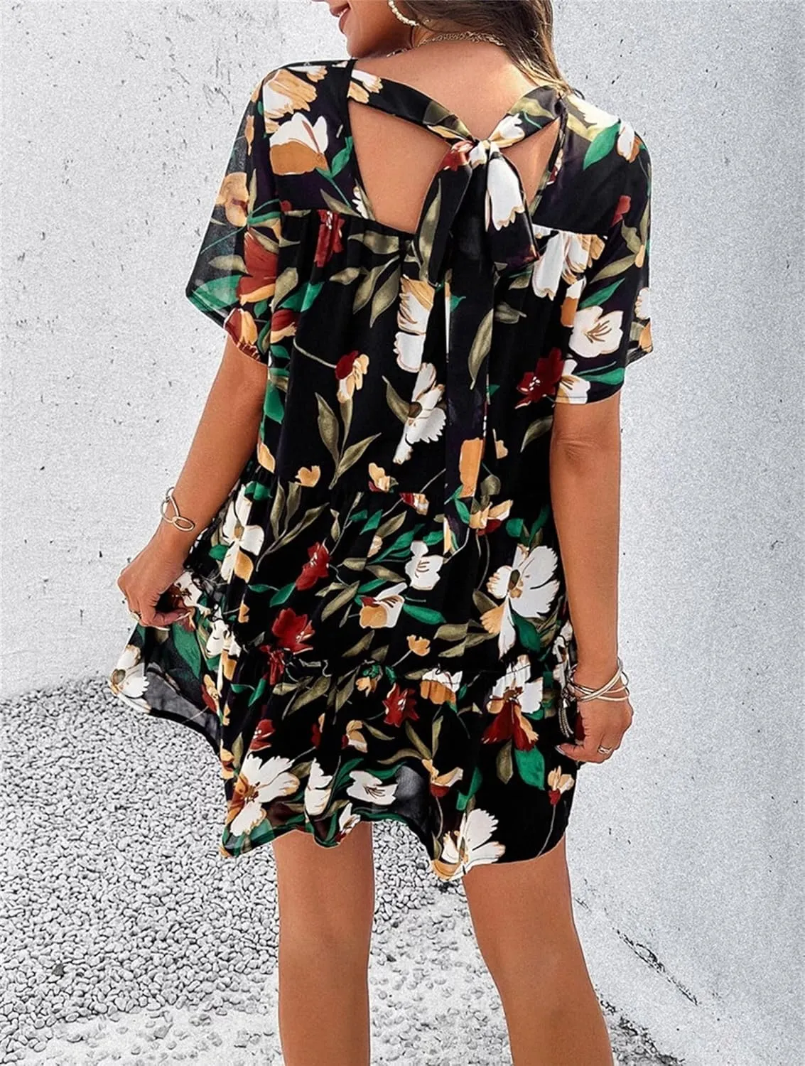 Womens Cute Summer Dresses Fashion Short Sleeve O Neck Mini Swing Dresses Ruffle Floral Vacation Dresses Plus Size