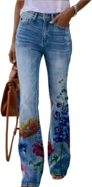 Womens Denim Printed Floral Graphic Elastic Waist Palazzo Pants Casual Loose Wide Leg Zipper Trousers with 2 Pockets