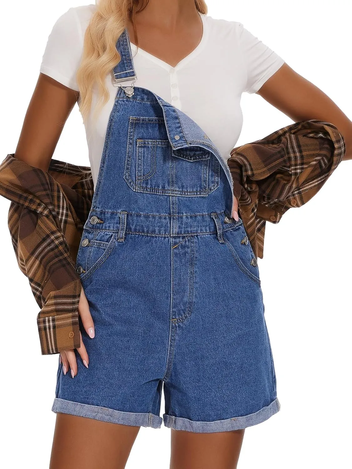 Women's Denim Shortalls Casual Adjustable Straps High Waist Bib Jeans Overalls Shorts Romper with Pockets