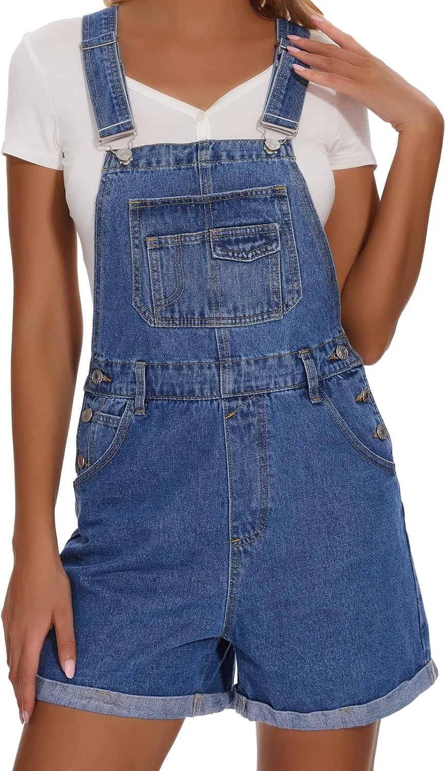 Women's Denim Shortalls Casual Adjustable Straps High Waist Bib Jeans Overalls Shorts Romper with Pockets
