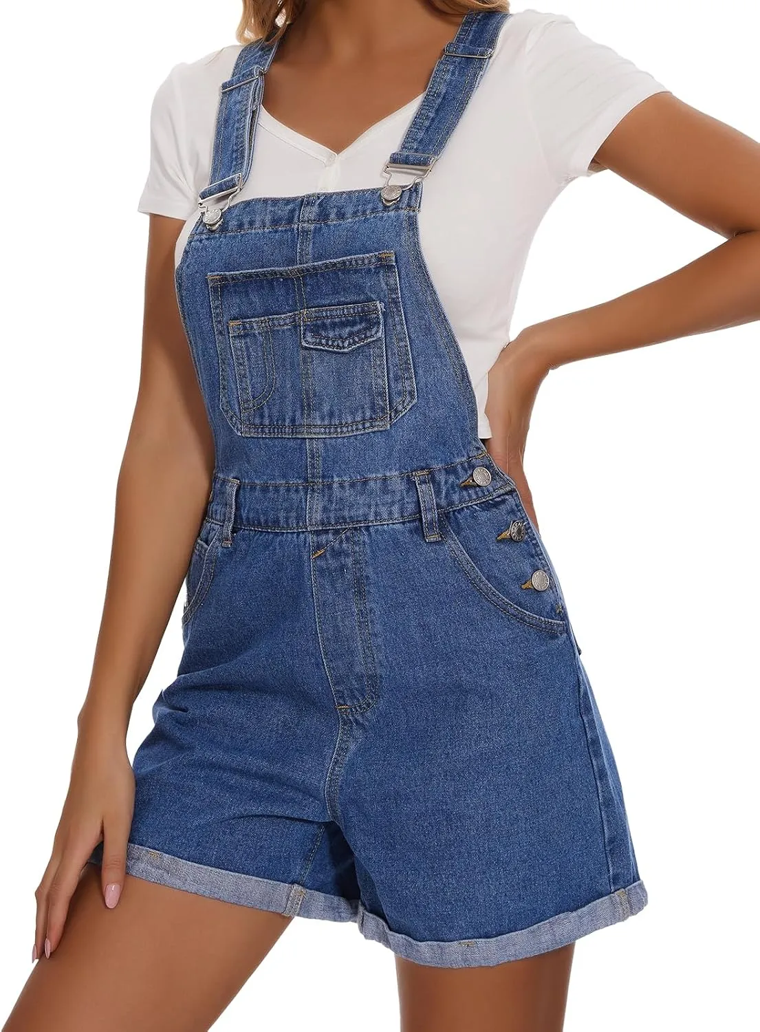 Women's Denim Shortalls Casual Adjustable Straps High Waist Bib Jeans Overalls Shorts Romper with Pockets