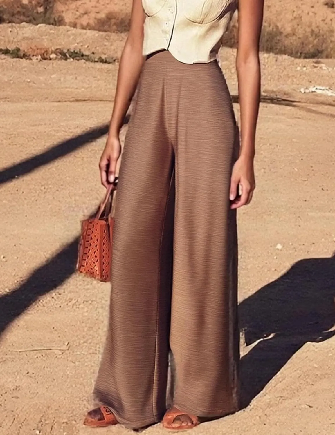 Womens Elastic High Waisted Palazzo Pants Casual Wide Leg Long Lounge Pant Trousers
