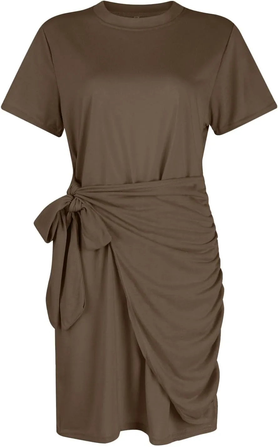 Women's Fashion Solid Color Sleeveless Round Neck Irregular Tie Short Dresses Summer Outfits for Women