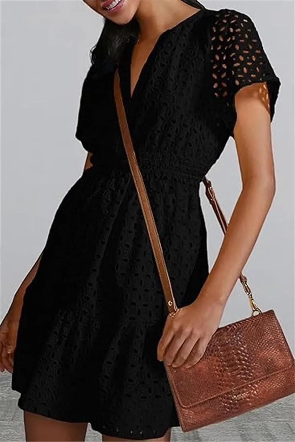 Womens Fashion Summer Dresses Casual Short Sleeve Lace Mini Dresses Ruched Dress Vacation Dress Wedding Guest Dresses