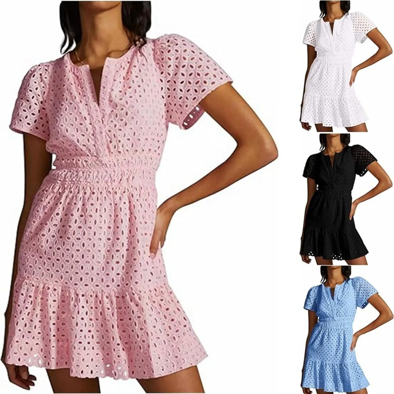 Womens Fashion Summer Dresses Casual Short Sleeve Lace Mini Dresses Ruched Dress Vacation Dress Wedding Guest Dresses