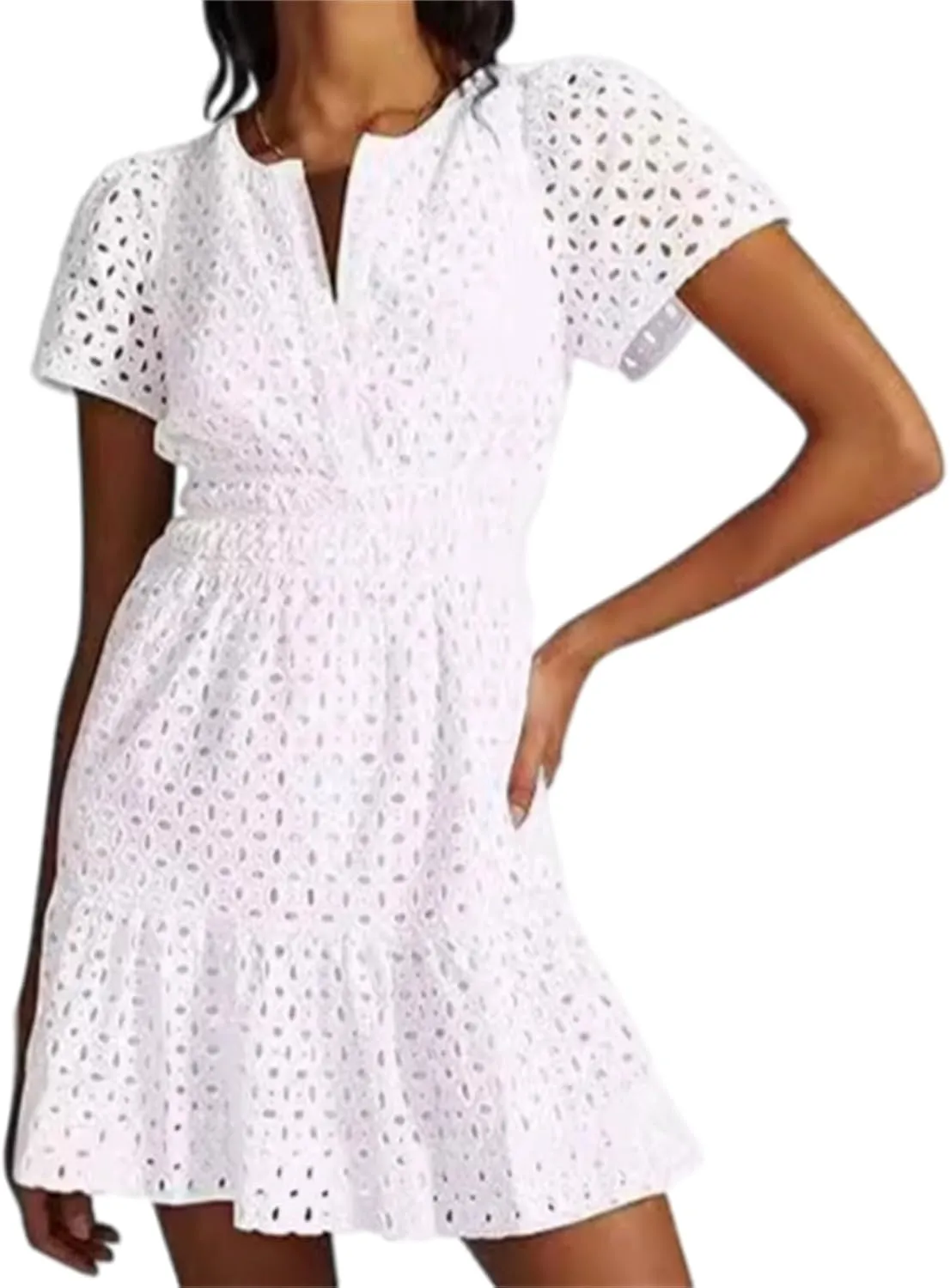 Womens Fashion Summer Dresses Casual Short Sleeve Lace Mini Dresses Ruched Dress Vacation Dress Wedding Guest Dresses