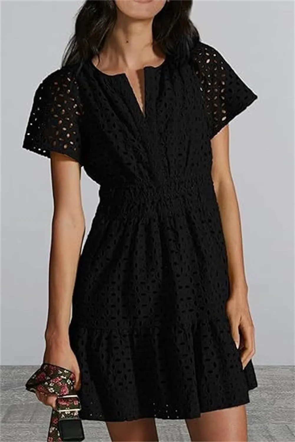 Womens Fashion Summer Dresses Casual Short Sleeve Lace Mini Dresses Ruched Dress Vacation Dress Wedding Guest Dresses