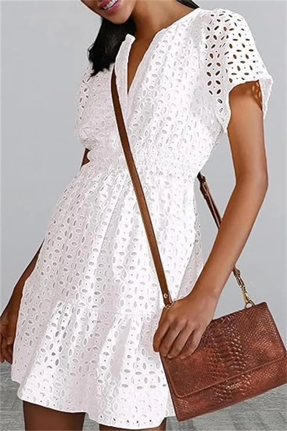 Womens Fashion Summer Dresses Casual Short Sleeve Lace Mini Dresses Ruched Dress Vacation Dress Wedding Guest Dresses