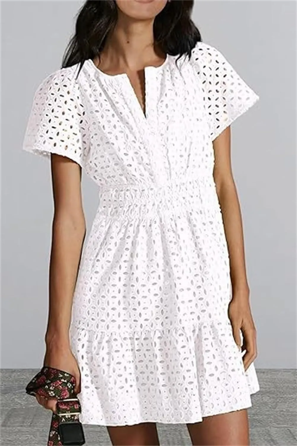 Womens Fashion Summer Dresses Casual Short Sleeve Lace Mini Dresses Ruched Dress Vacation Dress Wedding Guest Dresses