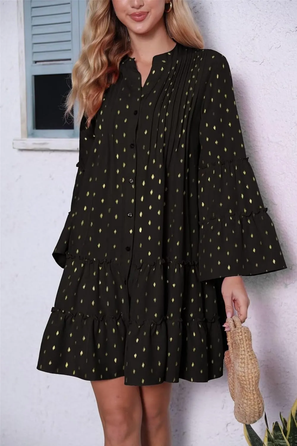 Womens Fashion Summer Dresses Long Sleeve Polka Dot Mini Dresses Womens Flowy Dresses Vacation Beach Dress Plus Size