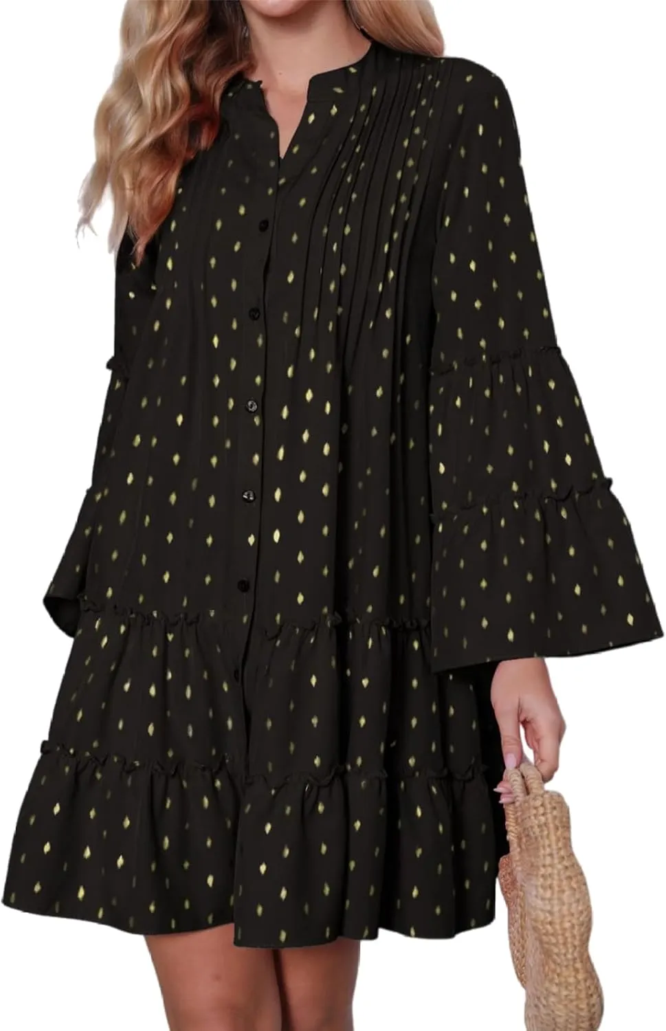 Womens Fashion Summer Dresses Long Sleeve Polka Dot Mini Dresses Womens Flowy Dresses Vacation Beach Dress Plus Size
