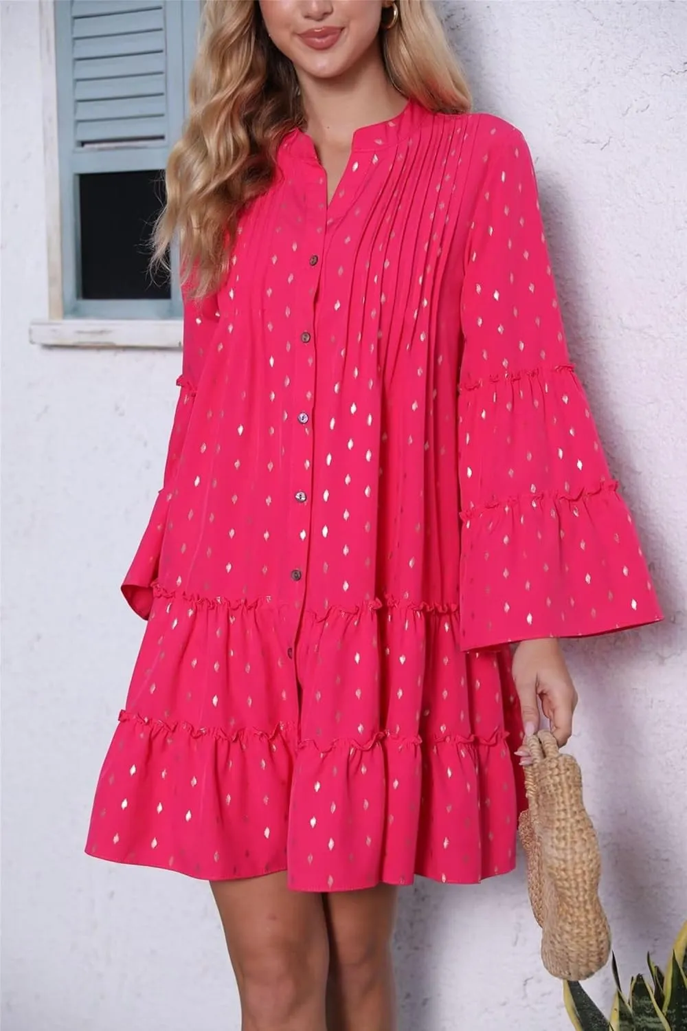 Womens Fashion Summer Dresses Long Sleeve Polka Dot Mini Dresses Womens Flowy Dresses Vacation Beach Dress Plus Size