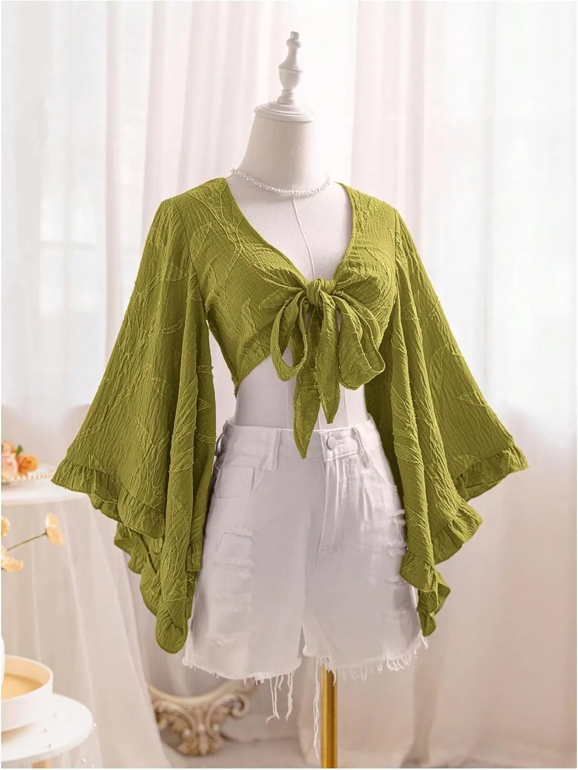 Women's Floral 70s Top Hippie Shirt Bow Tie Front Disco Deep V Ruffle Blouse