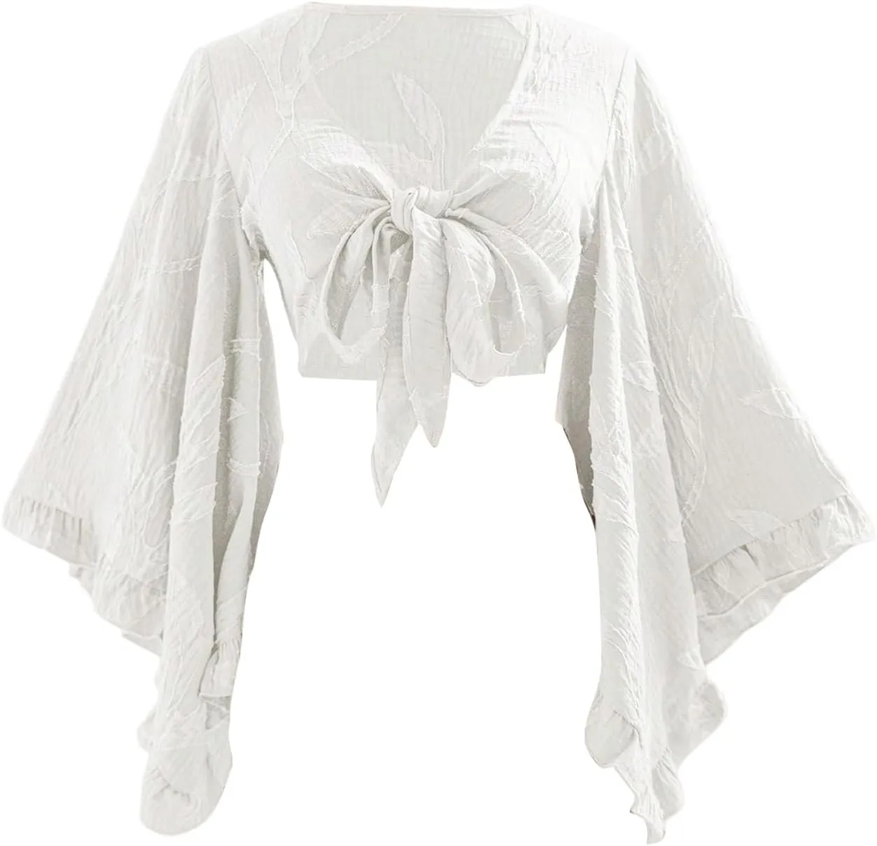 Women's Floral 70s Top Hippie Shirt Bow Tie Front Disco Deep V Ruffle Blouse
