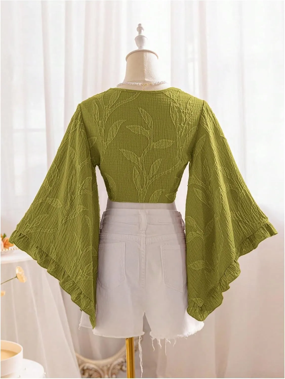 Women's Floral 70s Top Hippie Shirt Bow Tie Front Disco Deep V Ruffle Blouse