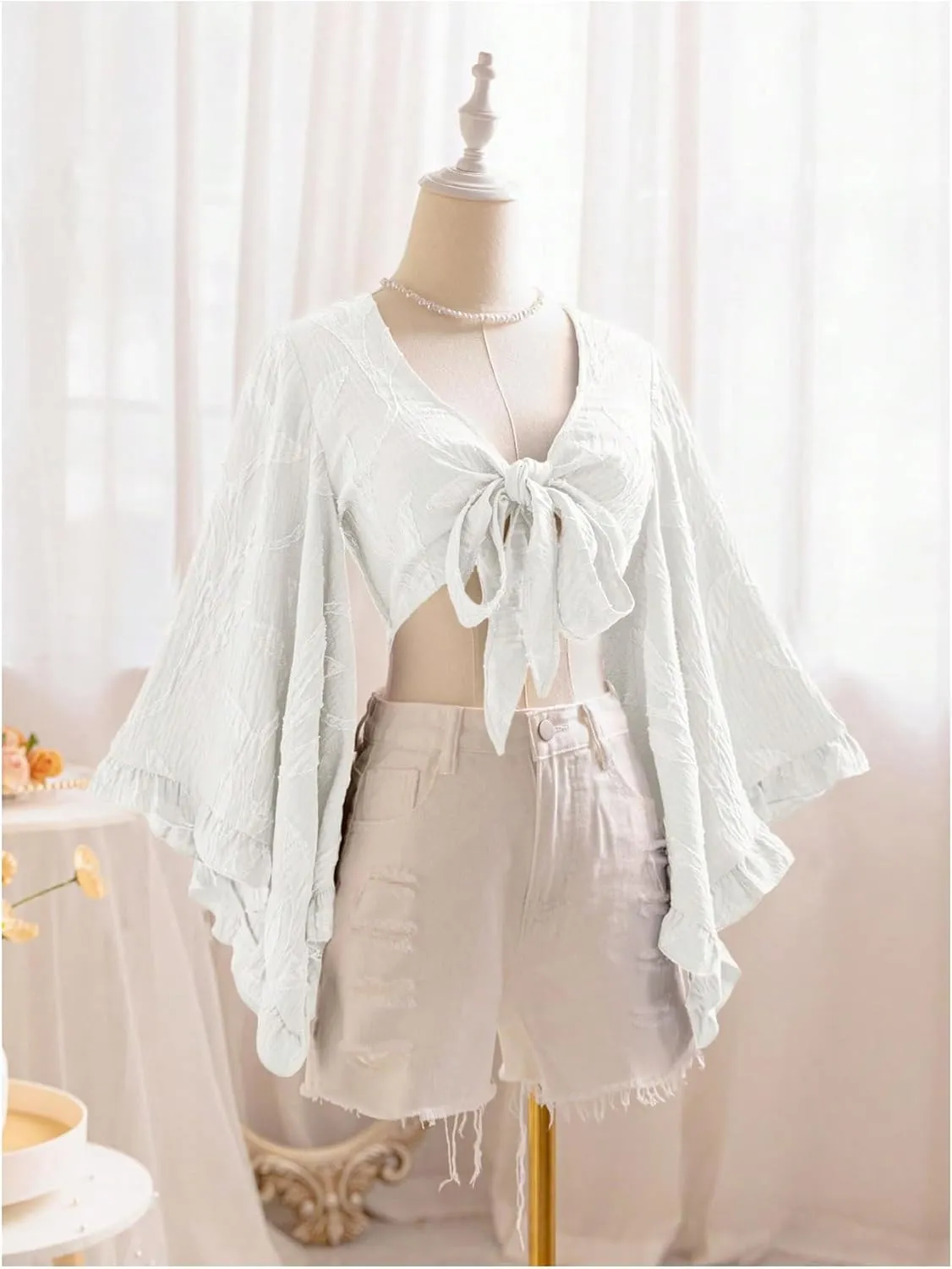 Women's Floral 70s Top Hippie Shirt Bow Tie Front Disco Deep V Ruffle Blouse