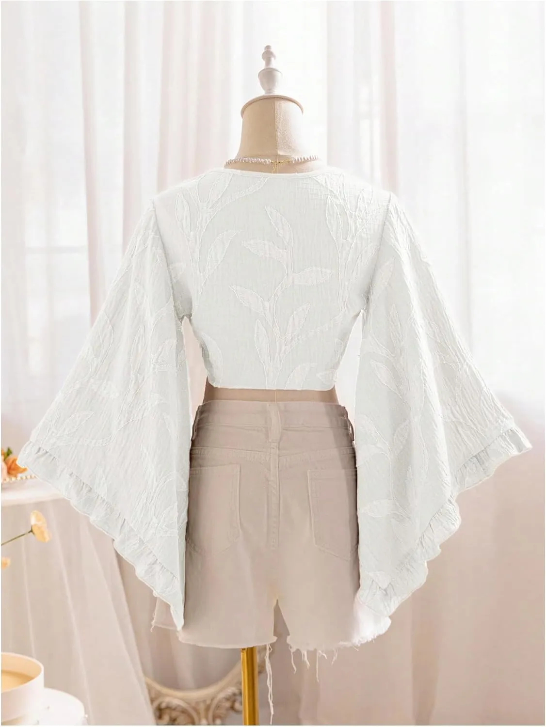 Women's Floral 70s Top Hippie Shirt Bow Tie Front Disco Deep V Ruffle Blouse