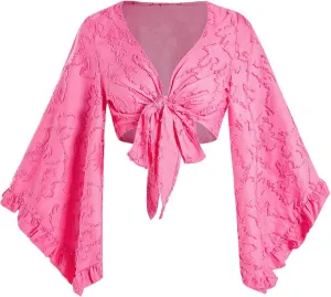 Women's Floral 70s Top Hippie Shirt Bow Tie Front Disco Deep V Ruffle Blouse