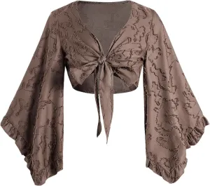 Women's Floral 70s Top Hippie Shirt Bow Tie Front Disco Deep V Ruffle Blouse