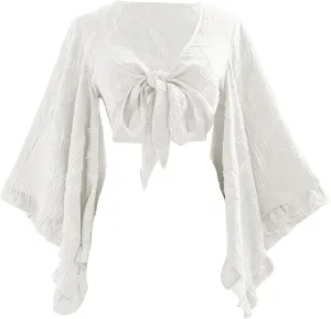 Women's Floral 70s Top Hippie Shirt Bow Tie Front Disco Deep V Ruffle Blouse