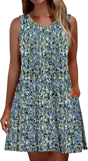 Women's Floral Summer Mini Dresses Ruffle Straps Boho A-Line Babydoll Tank Sundress Beach Vacation Short Dresses