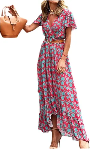 Women's Flowy Wedding Guest Dress Casual Summer Dresses for Women Boho Dress Print V-Neck Beach Sundress Floral Dress