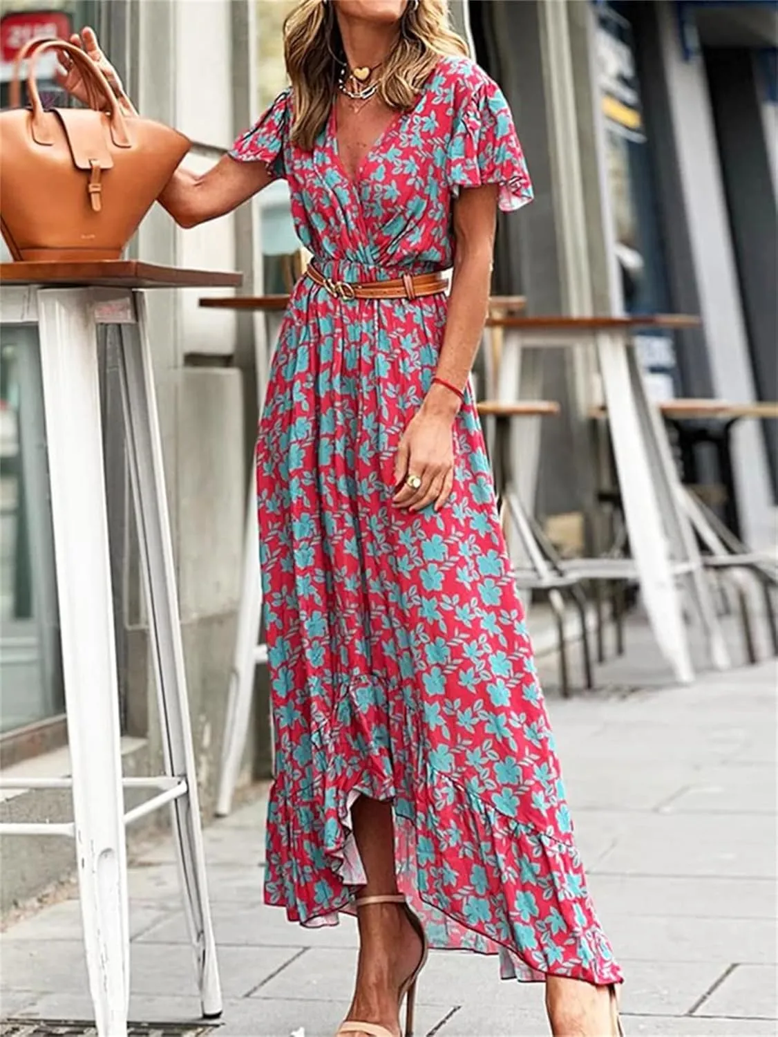 Women's Flowy Wedding Guest Dress Casual Summer Dresses for Women Boho Dress Print V-Neck Beach Sundress Floral Dress