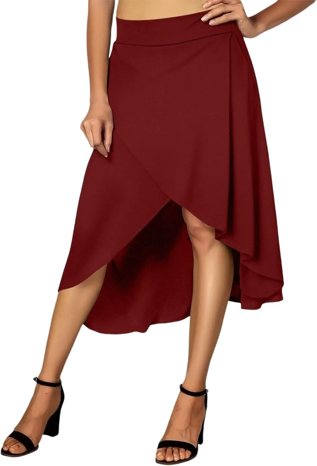 Women's High Waisted Ruffled Asymmetric Hem Long Skirt Split High Low Stretchy Skirt Handkerchief Hemline Midi Skirt