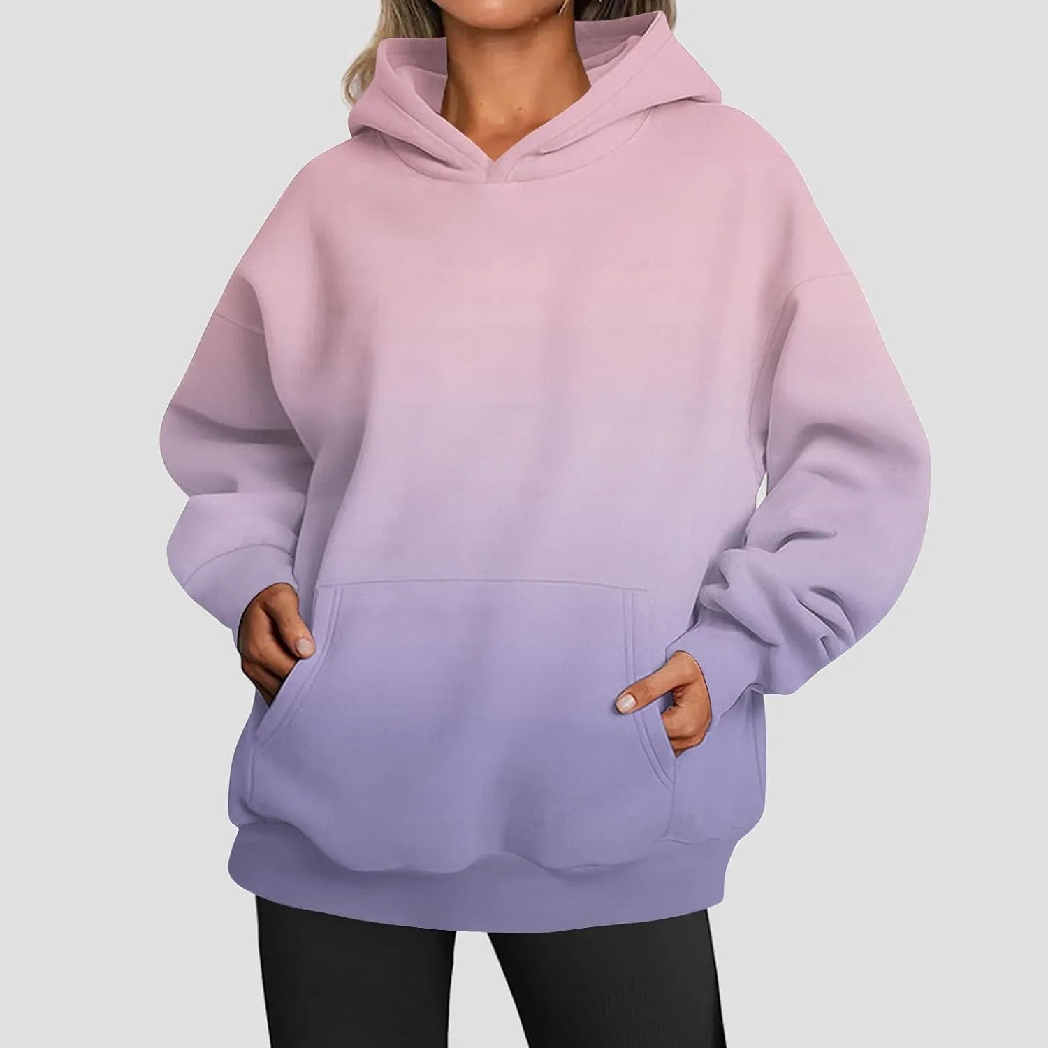 Womens Hoodies Casual Long Sleeve Oversized Sweatshirts Drawstring Pullover Fashion Crew Neck Pocket Gradient