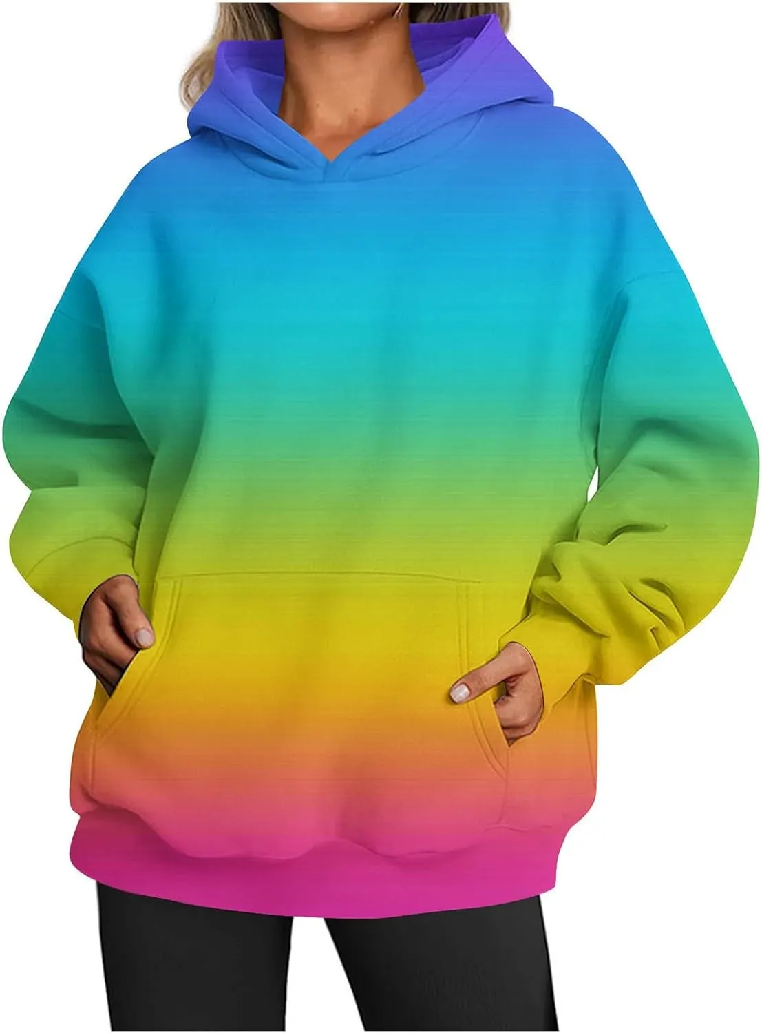Womens Hoodies Casual Long Sleeve Oversized Sweatshirts Drawstring Pullover Fashion Crew Neck Pocket Gradient