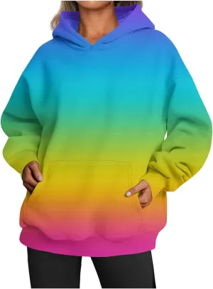 Womens Hoodies Casual Long Sleeve Oversized Sweatshirts Drawstring Pullover Fashion Crew Neck Pocket Gradient