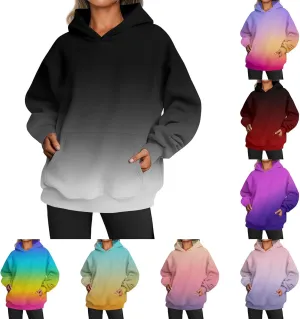 Womens Hoodies Casual Long Sleeve Oversized Sweatshirts Drawstring Pullover Fashion Crew Neck Pocket Gradient