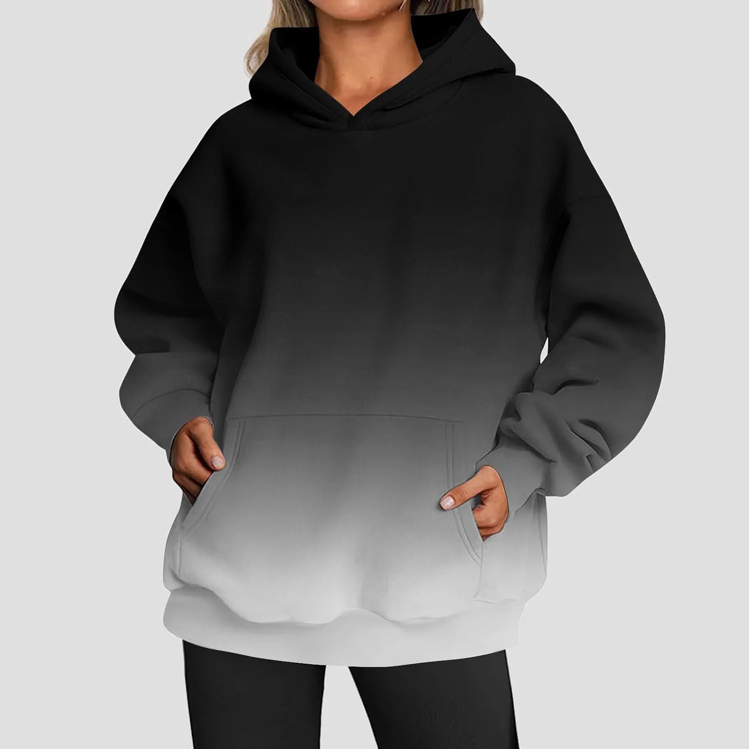 Womens Hoodies Casual Long Sleeve Oversized Sweatshirts Drawstring Pullover Fashion Crew Neck Pocket Gradient