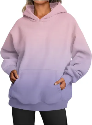 Womens Hoodies Casual Long Sleeve Oversized Sweatshirts Drawstring Pullover Fashion Crew Neck Pocket Gradient