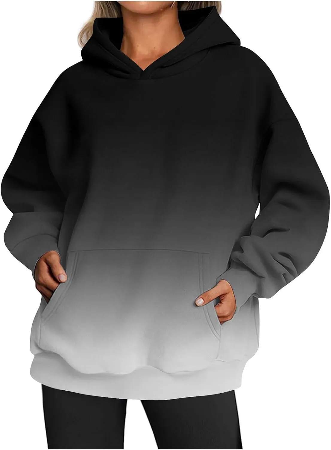 Womens Hoodies Casual Long Sleeve Oversized Sweatshirts Drawstring Pullover Fashion Crew Neck Pocket Gradient