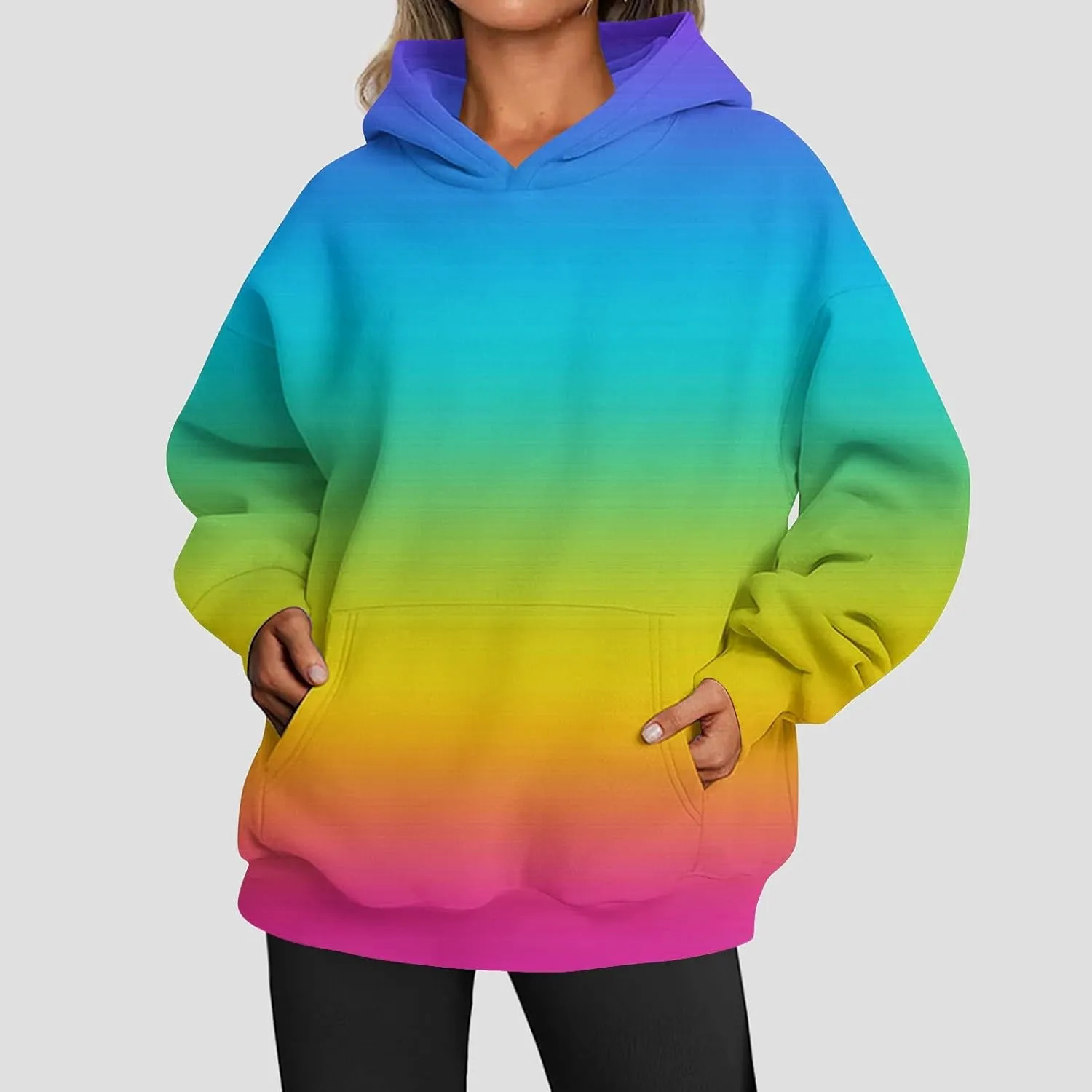 Womens Hoodies Casual Long Sleeve Oversized Sweatshirts Drawstring Pullover Fashion Crew Neck Pocket Gradient