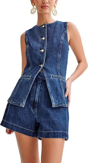 Women's Jeans Two-Piece Casual Sleeveless high-Waisted Denim Jacket Undershirt top Shorts Suit Suit Sportswear