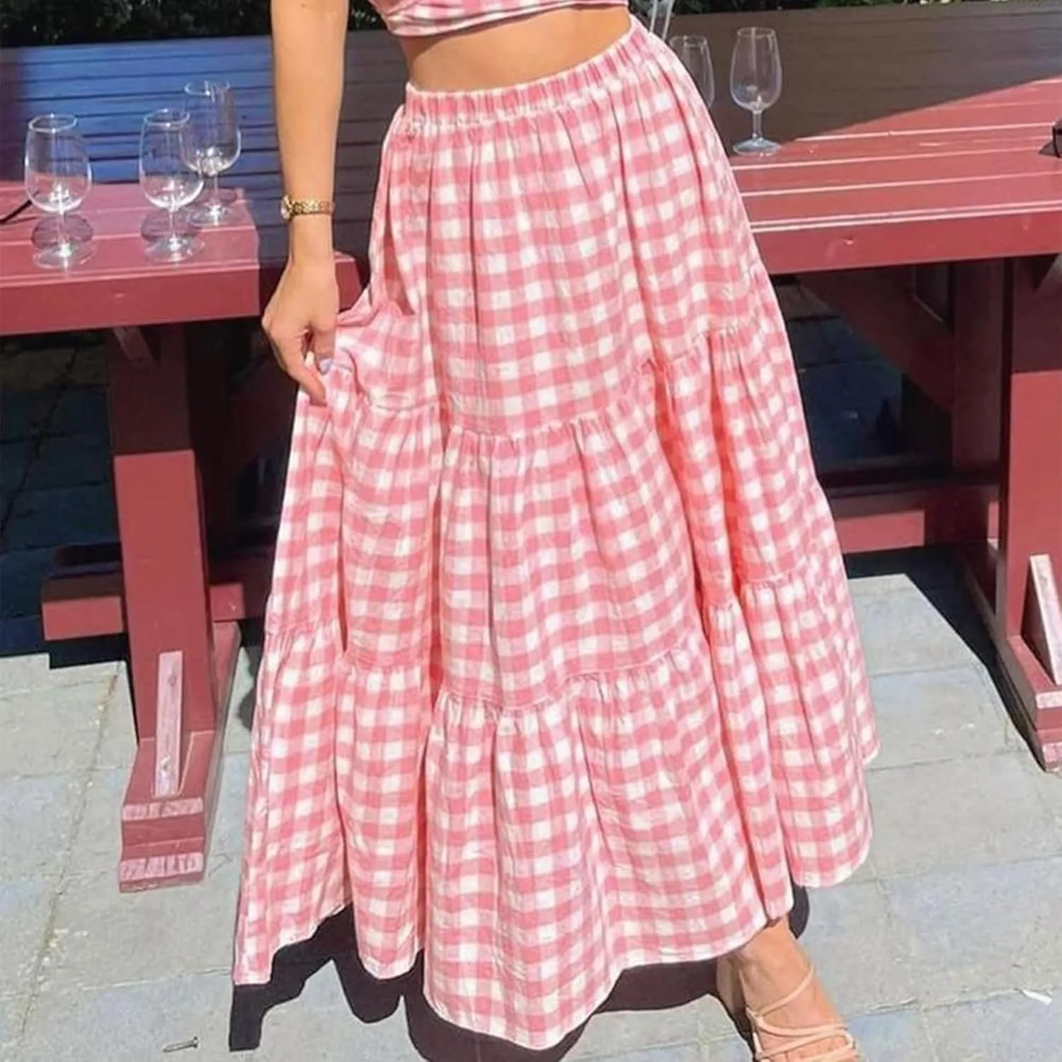 Women's Long Flowy Skirts Plaid/Solid Color Elastic High Waist A Line Tiered Maxi Skirt Beach Streetwear