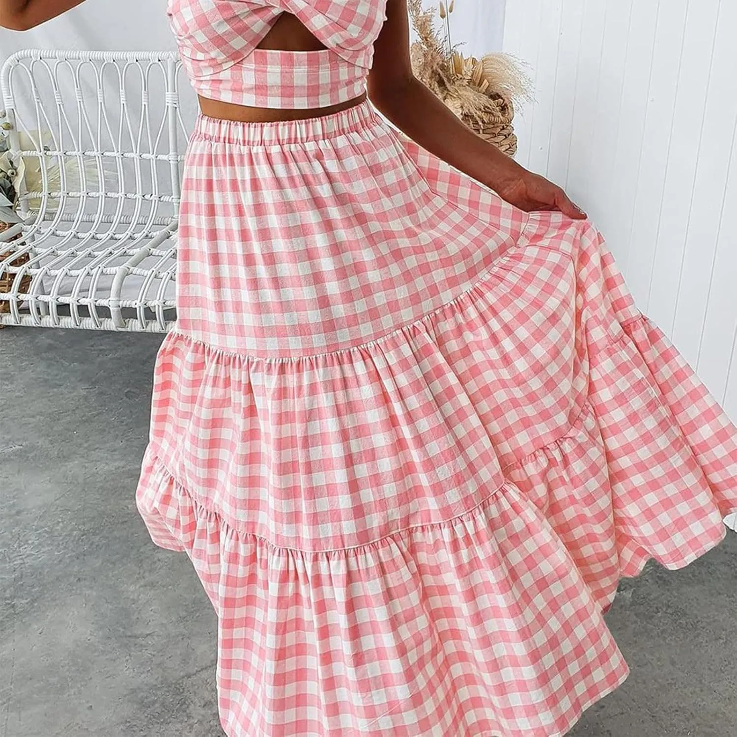 Women's Long Flowy Skirts Plaid/Solid Color Elastic High Waist A Line Tiered Maxi Skirt Beach Streetwear