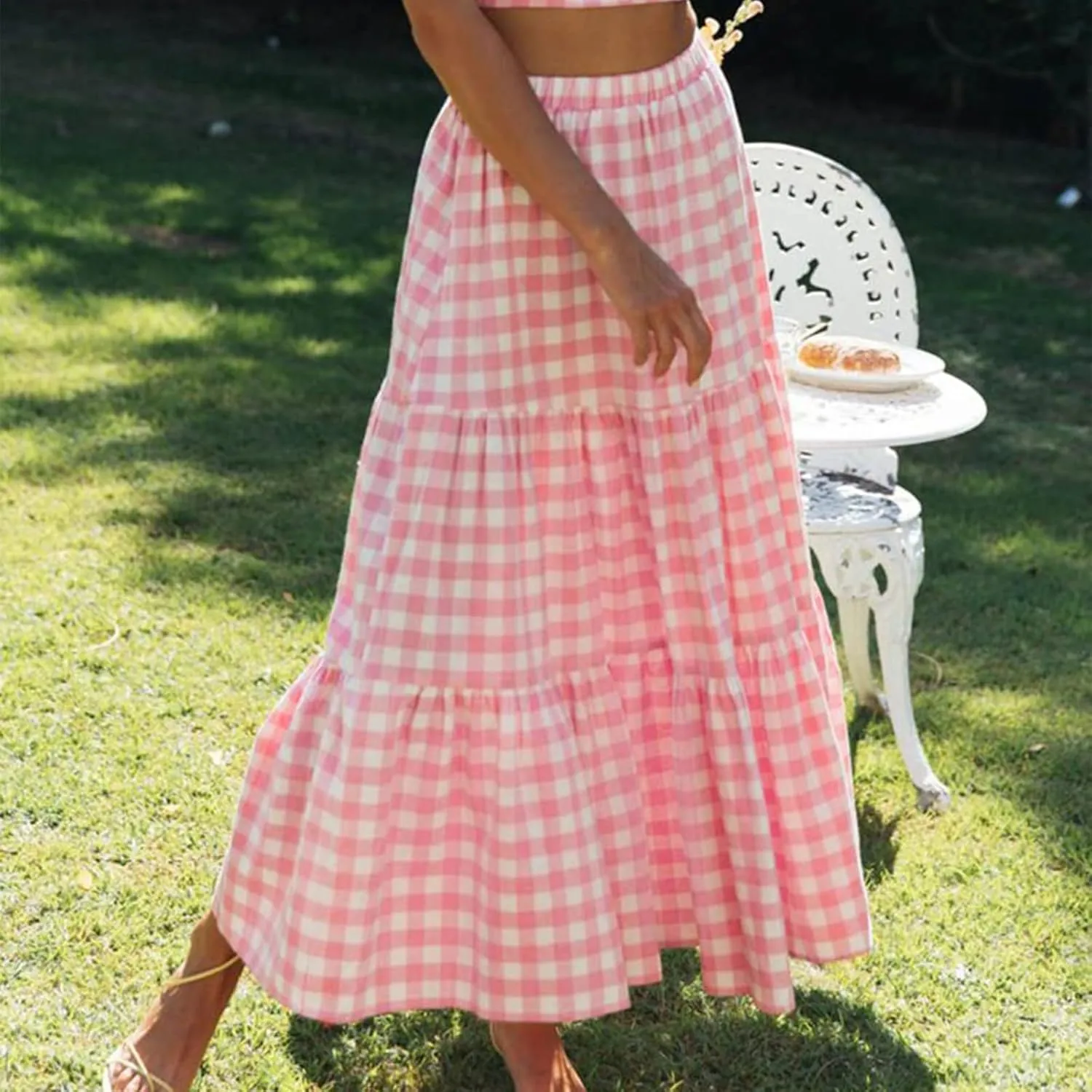 Women's Long Flowy Skirts Plaid/Solid Color Elastic High Waist A Line Tiered Maxi Skirt Beach Streetwear