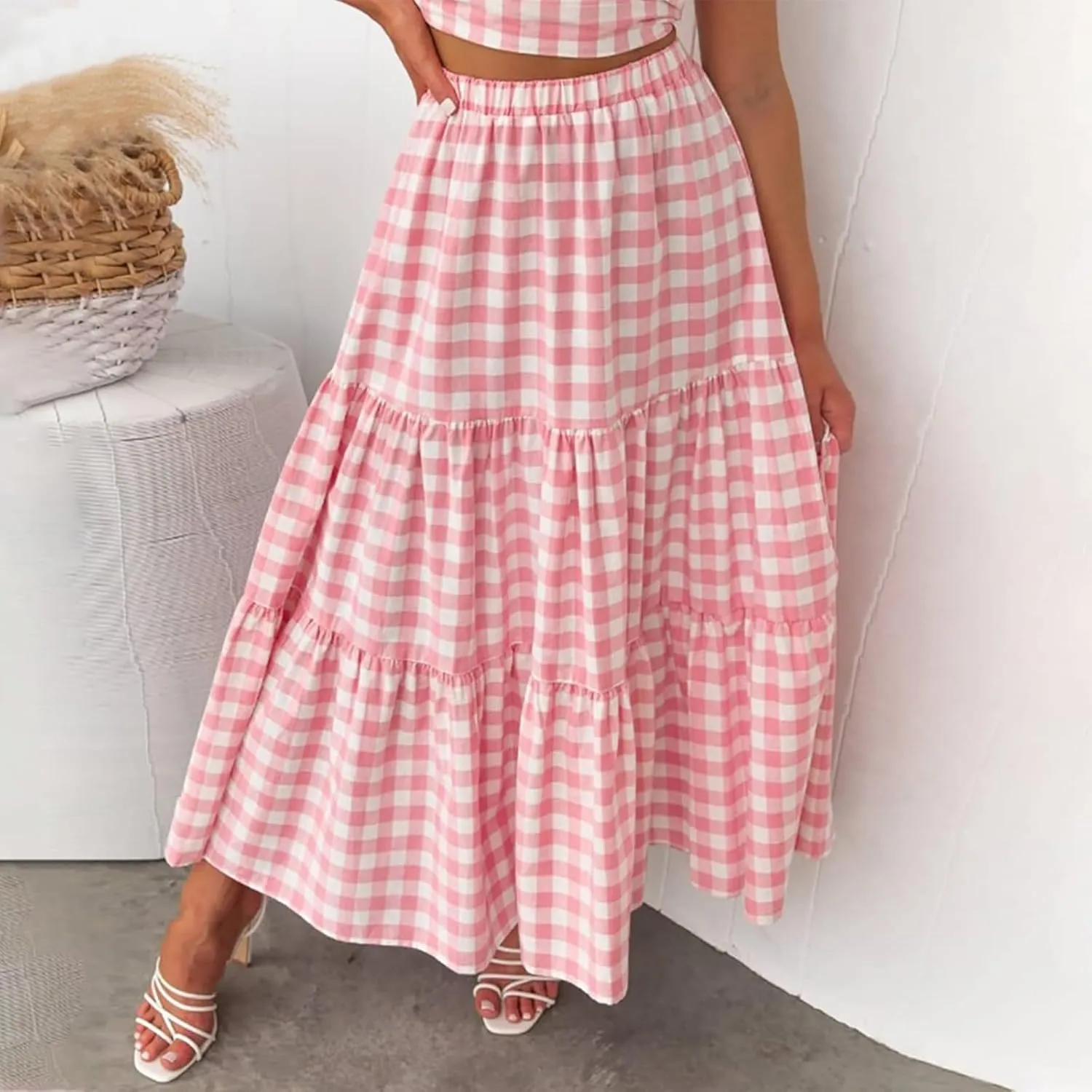 Women's Long Flowy Skirts Plaid/Solid Color Elastic High Waist A Line Tiered Maxi Skirt Beach Streetwear