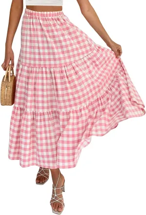 Women's Long Flowy Skirts Plaid/Solid Color Elastic High Waist A Line Tiered Maxi Skirt Beach Streetwear