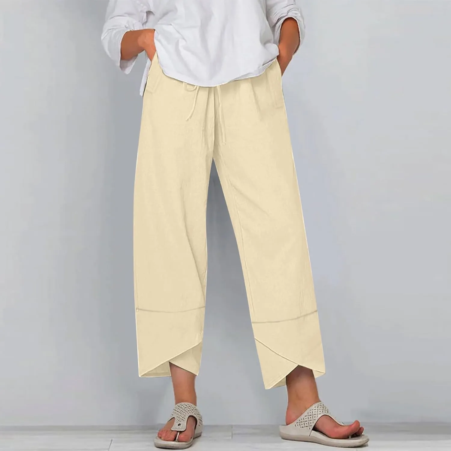 Women's Pants for Summer Fahsion Drawstringg Elastic Wasit Linen Pants Straight Leg Causual Trousers with Pockets