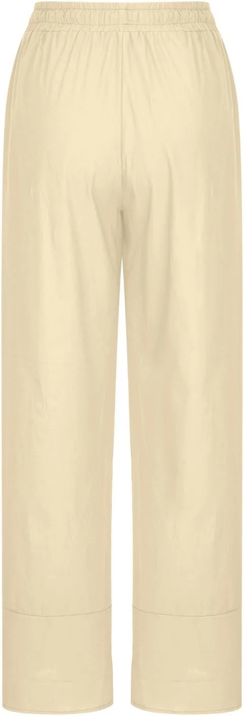 Women's Pants for Summer Fahsion Drawstringg Elastic Wasit Linen Pants Straight Leg Causual Trousers with Pockets