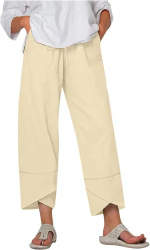 Women's Pants for Summer Fahsion Drawstringg Elastic Wasit Linen Pants Straight Leg Causual Trousers with Pockets