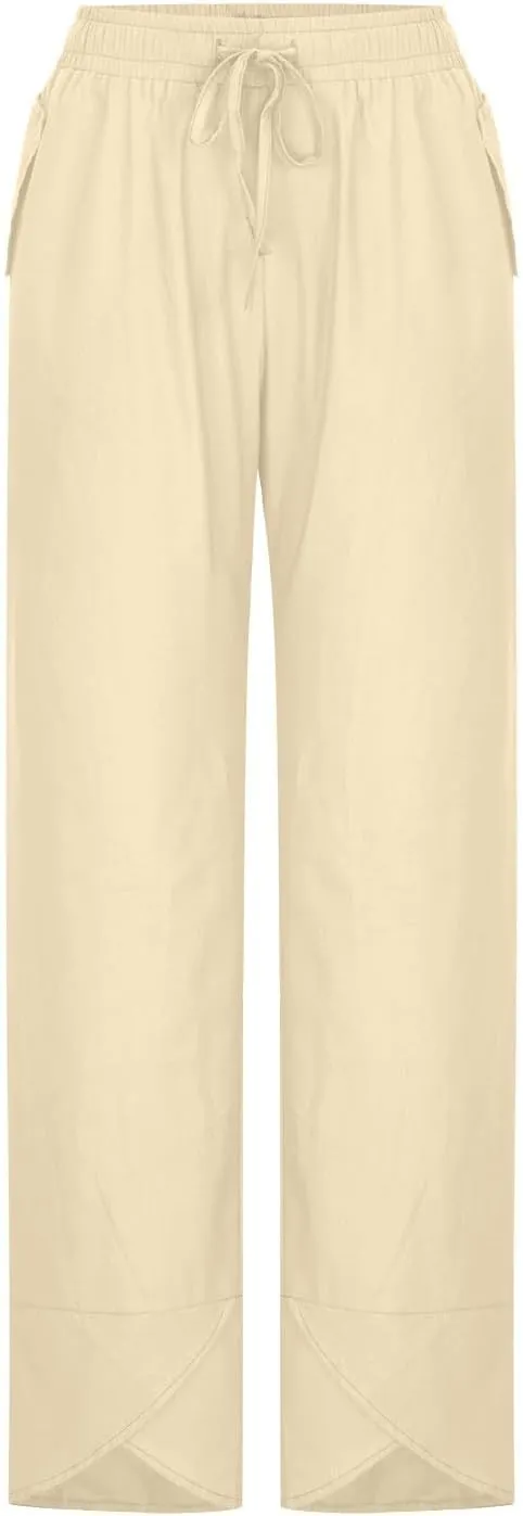 Women's Pants for Summer Fahsion Drawstringg Elastic Wasit Linen Pants Straight Leg Causual Trousers with Pockets