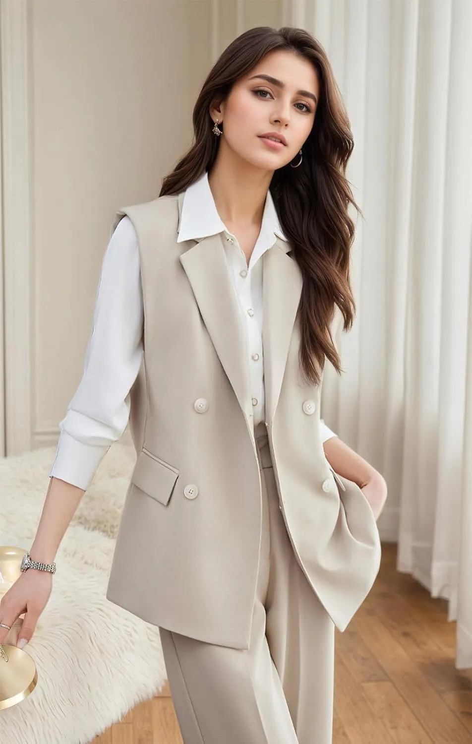 Women's Pants Sets Peaked Lapel Double Breasted Sleeveless Vest and Pants Set Office Lady 2 Piece Outfit