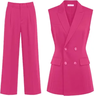Women's Pants Sets Peaked Lapel Double Breasted Sleeveless Vest and Pants Set Office Lady 2 Piece Outfit