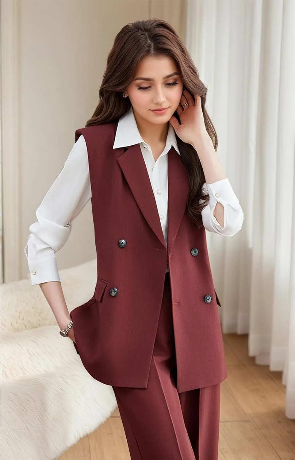 Women's Pants Sets Peaked Lapel Double Breasted Sleeveless Vest and Pants Set Office Lady 2 Piece Outfit
