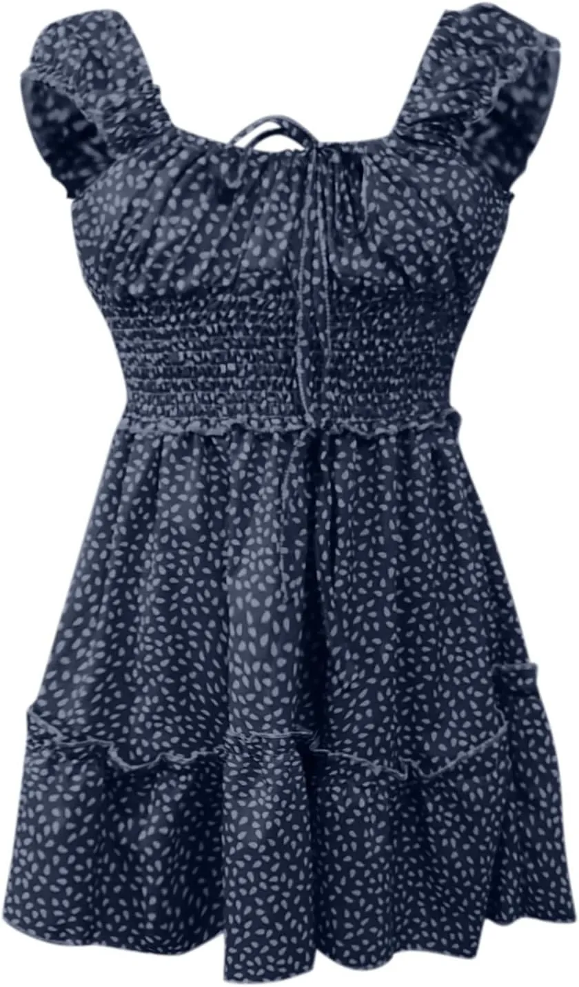 Womens Ruffle Floral Mini Sundress 2024 Summer Outdoor Vacation Travel Dress Square Neck Bohemia Style High Waisted Dresses